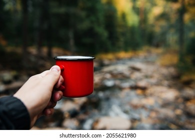 Man In Autumn October Yellow Forest Holding Red Mug With Coffee