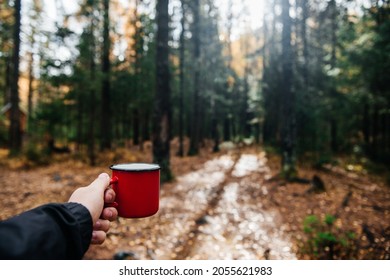 Man In Autumn October Yellow Forest Holding Red Mug With Coffee