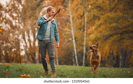 A man in the autumn Park playing with a German shepherd dog. Guy throws a dog a stick
