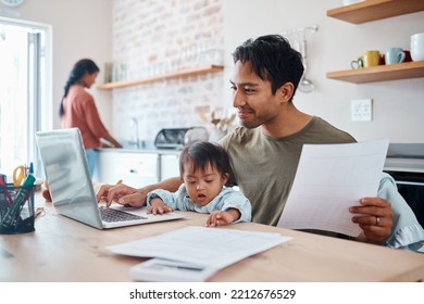 Man, Baby Or Laptop Finance In House Or Home Kitchen And Insurance Paper, Investment Documents Or Fintech Accounting Software. Happy Smile, Asian Father And Down Syndrome Boy, Son And Child With Tech