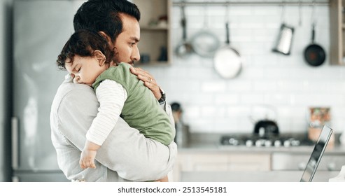 Man, baby or laptop in kitchen for sleeping, care or multitask with remote work. Father, tired child or reading tech for research, childcare tips or infant burping tutorial in home on paternity leave - Powered by Shutterstock