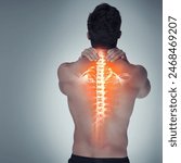 Man, back and spine pain in studio, injury and wellness or healthcare problem or massage neck for inflammation. Scoliosis, backache and tender muscle tension, male person and mock up or x ray overlay