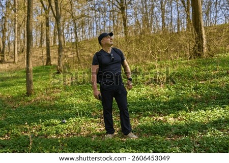 Man with backpack standing in spring forest looking up into trees