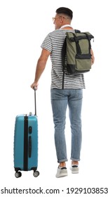 Man With Backpack And Suitcase On White Background, Back View. Summer Travel