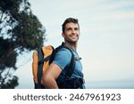 Man, backpack and thinking in outdoor nature for wilderness experience, exploration and solitude for stress relief or mental health. Guy, forest and hiking in woods for adventure or physical exercise