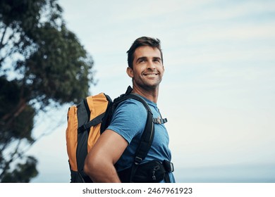 Man, backpack and thinking in outdoor nature for wilderness experience, exploration and solitude for stress relief or mental health. Guy, forest and hiking in woods for adventure or physical exercise - Powered by Shutterstock