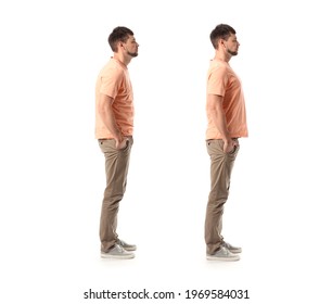 Man With Bad And Proper Posture On White Background