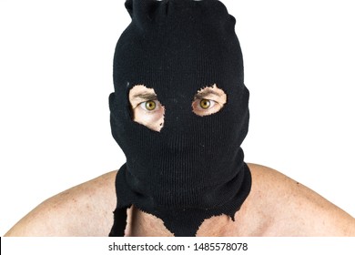 Man With Balaclava And Green Eyes In White Background