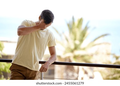 Man, balcony and headache with depression from loss with mental health, stress and grief. Male person, tragedy and sorrow with pain from anxiety in burnout with struggle, divorce and low spirits - Powered by Shutterstock