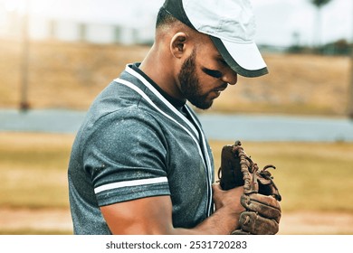 Man, baseball and glove with focus, game and determination as fielder, pitcher or baseball player. Athlete, sport and training for wellness, fitness and health in competition, sports or match outdoor - Powered by Shutterstock