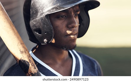 Man, baseball and thinking on field with match idea for game, fitness practice or workout for wellness. Male athlete, sports stadium or bat with reflection plan in outdoor for health, gear for cardio - Powered by Shutterstock