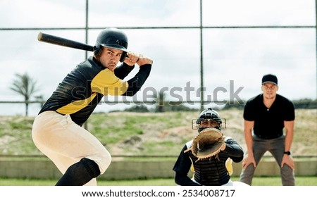 Man, baseball and training with bat on field, outdoor exercise and practice challenge. Male person, athlete and sports competition or fitness tournament, strike and score at match or game in arena