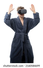 Man In A Bathrobe And Augmented Reality Glasses. New Impressions, Expansion Of Borders, Horizons, People Are Surprised, Admire New Technologies. Better At Home, At Your Leisure. Recreation. Isolated