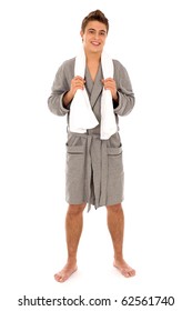 Man in bathrobe holding towel