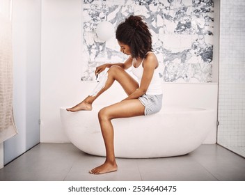 Man, bathroom and shaving legs in bathtub with blade for hygiene, fresh skin and hair removal. Female person, skincare and grooming at home with cream or soap for wellness, self care and routine - Powered by Shutterstock