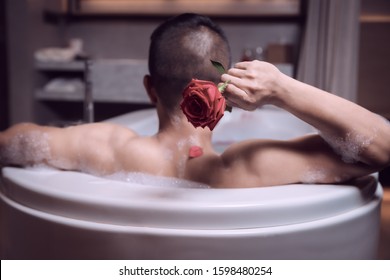 A Man In A Bathtub Had A Sad And Unhappy Face. Psychological And Mental Problems.depression And Anxiety.Desperate With Abandoned Love. Bad Day. Asian Men.