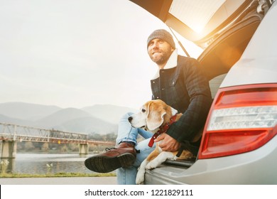 Man With Beagle Dog Siting Together In Car Trunk. Late Autumn Time