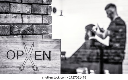 Man With Beard In Barber Shop. Open Barbershop Salon. Modern Hair Salon. Bearded Man Getting Haircut. Barbershop Salon. Open Barder Shop. Black And White.