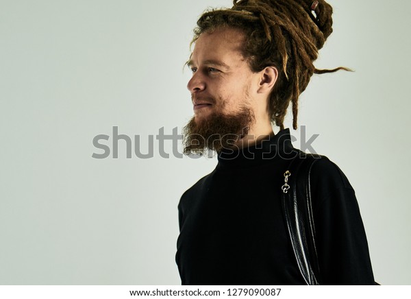 Man Beard Dreadlocks Black Clothes Looks Stock Photo Edit