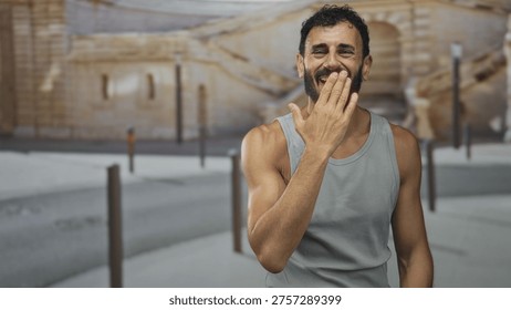 Man with beard laughing while hand covers mouth on a sunlit street by a stone building; joy carefree lightheartedness.