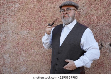 Man with beard pipe hat and vintage clothes  - Powered by Shutterstock