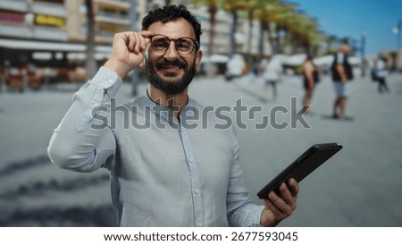 Man with beard using tablet outdoors on sunny street, adjusting glasses, showcasing hispanic ethnicity and business casual attire in lively urban environment.