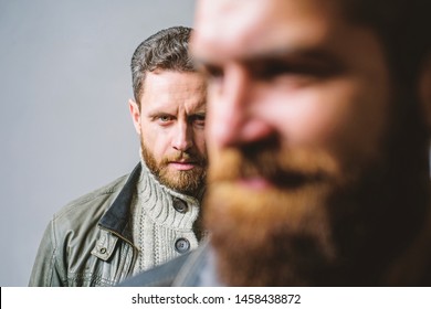 Man Bearded Guy Stand Behind Back Of Friend Hipster. True Friend Always Near. Someone Behind You. Stand Beside You. Friendship Trust And Support. Trustful Relations. Feel Support Of Real Friend.