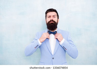 Man Bearded Hipster Formal Suit With Bow Tie. Wedding Fashion. Formal Style Perfect Outfit. Impeccable Groom. Tips For Dealing Pre Wedding Anxiety. Tips For Grooms. How To Beat Nerves On Wedding Day.