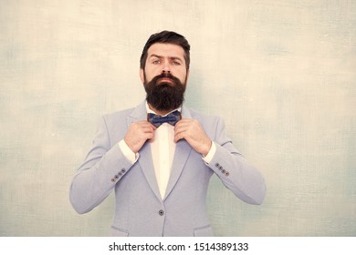 Man Bearded Hipster Formal Suit With Bow Tie. Wedding Fashion. Formal Style Perfect Outfit. Impeccable Groom. Tips For Dealing Pre Wedding Anxiety. Tips For Grooms. How To Beat Nerves On Wedding Day.