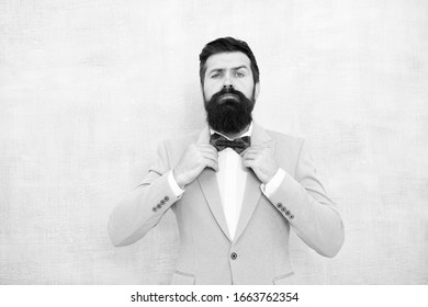 Man Bearded Hipster Formal Suit With Bow Tie. Wedding Fashion. Formal Style Perfect Outfit. Impeccable Groom. Tips For Dealing Pre Wedding Anxiety. Tips For Grooms. How To Beat Nerves On Wedding Day.