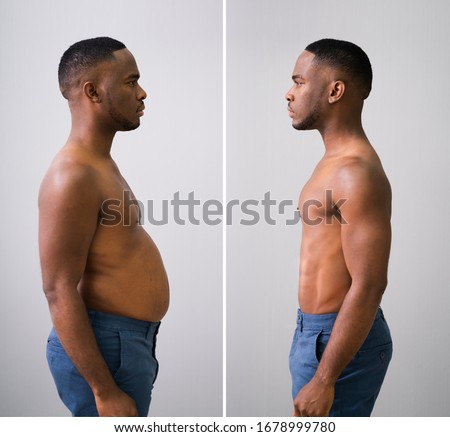 Man Before And After From Fat To Slim Concept Standing Against Grey Background