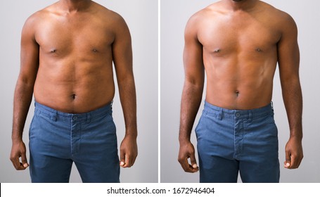 Man Before And After Weight Loss On Gray Background