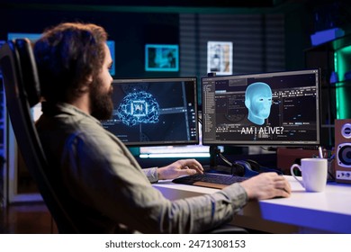 Man being asked existential questions by awaken AI on desktop PC, gaining consciousness. Remotely working IT professional speaking with artificial intelligence on computer workstation
