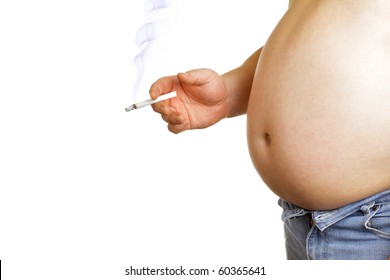 Man with belly and smoking cigarette isolated over white baclground