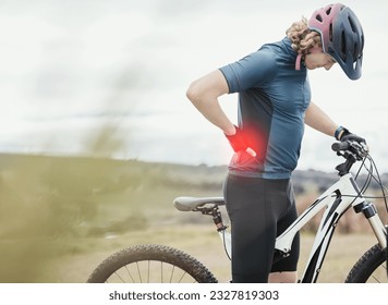 Man, bicycle and back pain in fitness injury, cycling or ache from exercise, workout or cardio in nature outdoors. Male person or cyclist with sore hip, tense muscle or spine in discomfort on bike - Powered by Shutterstock