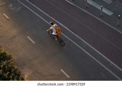 Man Bicycling On Cycling Road. Top Aerial View.