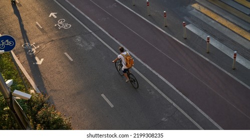 Man Bicycling On Cycling Road. Top Aerial View.