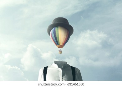 man with big balloon fly on his head, surreal concept - Shutterstock ID 631461530