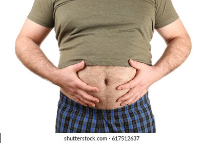 Man With Big Beer Belly On White Background