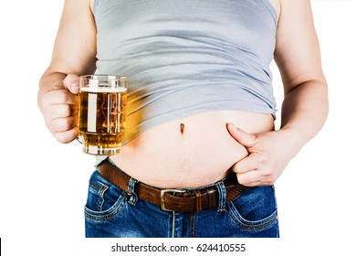 Man with big stomach with a glass of beer in his hand.