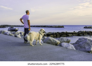 A man with a big white dog on a leash on a beautiful rocky seashore at dawn, walking with a domestic dog, pets, authentic sustainability, sea dawn, unity with nature, copy space - Powered by Shutterstock