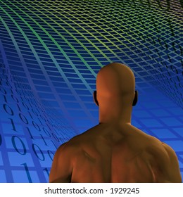 A man, binary code and grid