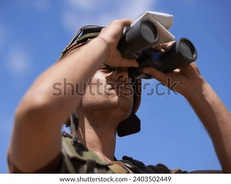 Man with binocular, soldier surveillance and search enemy location on battlefield during Israel Palestine war. Army equipment, security gear for intelligence in warzone and military operation outdoor Zdjęcia stock © 