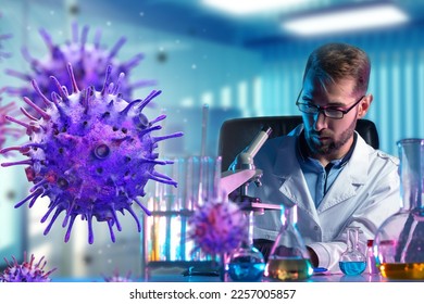 Man biologist studies bacteria. Molecules dangerous virus near scientist. Research pathogenic viruses in laboratory. Virologist at table with flasks and microscope. Pathogenic viruses near biologist