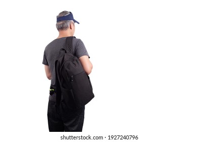 Man With A Black Backpack, Wearing A Cap And A Waist Bag For A Phone Isolated On White Background. Back View