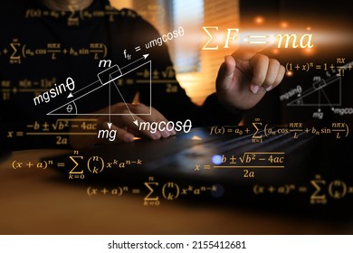 The Man in Black is clicking, press touch to activate. Newton's second law of motion F equal to ma consisting of zeta angle, mass, friction, acceleration, gravity, and axial force. - Shutterstock ID 2155412681
