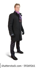 Man In Black Coat, Isolated On White Background