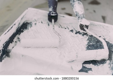 a man in black gloves paints the wall with a roller in white

 - Shutterstock ID 1880200156