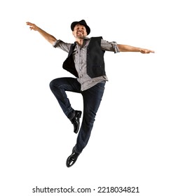 Man With Black Hat Dancing On White Background. Contemporary Ballet