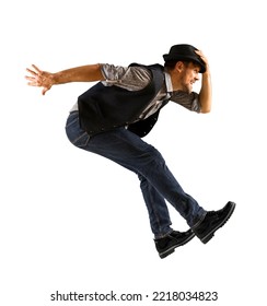 Man With Black Hat Dancing On White Background. Contemporary Ballet